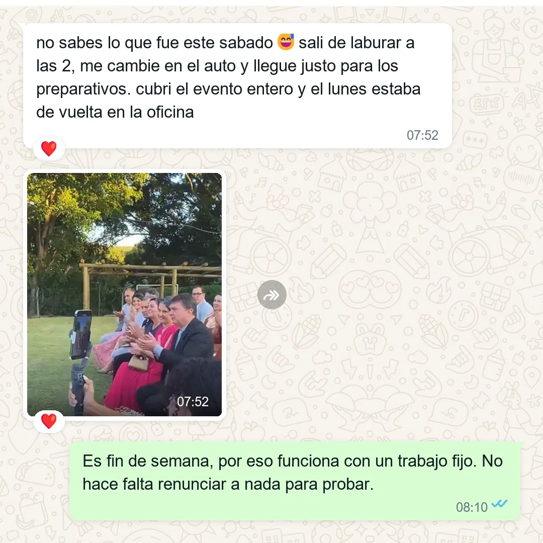 TESTIMONIO: captura real de WhatsApp 4 de 8 — el fotografo del evento la trato bien y le derivo un cliente. SIN TESTIMONIO REAL NO SE PUBLICA