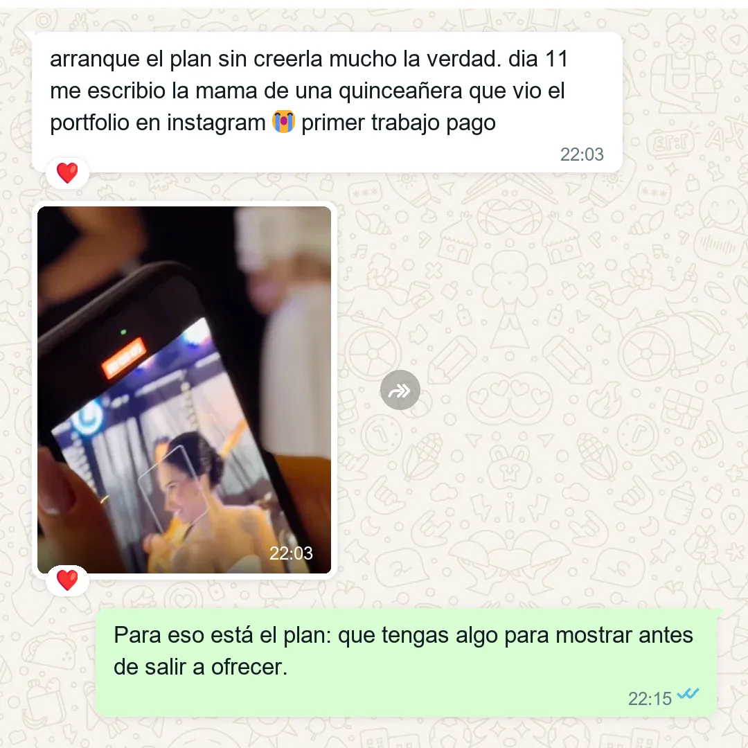 TESTIMONIO: captura real de WhatsApp 6 de 8 — consiguio la primera clienta con el plan de 14 dias. SIN TESTIMONIO REAL NO SE PUBLICA