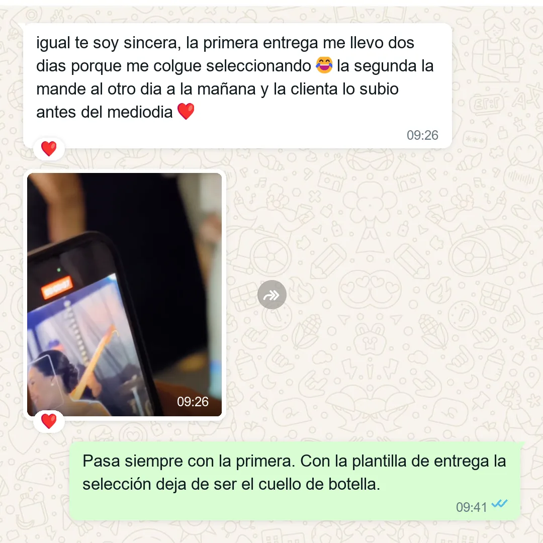 TESTIMONIO: captura real de WhatsApp 7 de 8 — entrego al otro dia y la clienta lo publico enseguida. SIN TESTIMONIO REAL NO SE PUBLICA